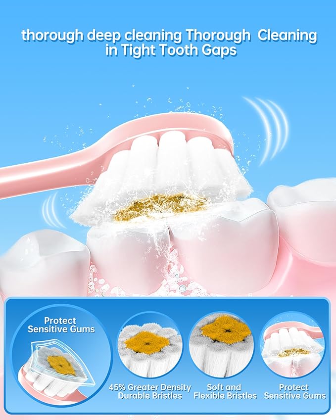 Blue & Pink Electric Toothbrush for Adults, USB Rechargeable Sonic Toothbrush with 12 Brush Heads, Smart Timer, 6 Modes, 2-Hour Fast Charge Last 30 Days