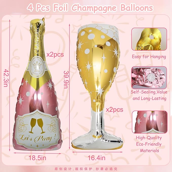 4 Pcs Champagne Balloons, Huge Rose Gold Champagne Bottle Goblet Aluminum Foil Balloons for Birthday, Bachelorette, Bridal Shower, Wedding, Anniversary, Engagement Party Decorations Supplies