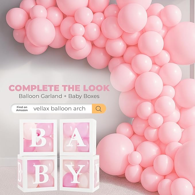 Baby Shower Boxes with Letters – White Boxes with Pink & White Balloons – 44-Piece Gender Reveal & Party Decoration Set by Vellax-Piece Gender Reveal & Party Decoration Set by Vellax