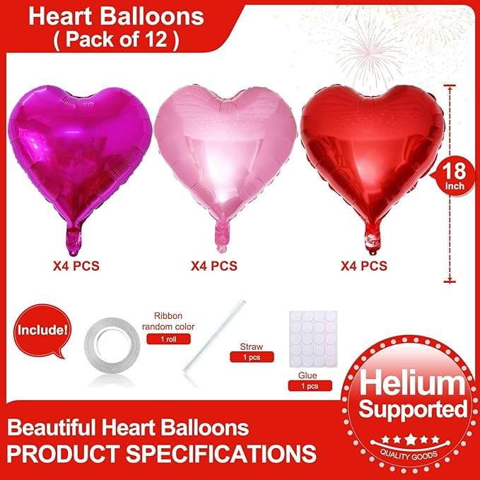 Lovoir 12 Pcs Red Heart Shape Foil Mylar Balloons 18 Inch Love Balloons for Valentine's Day Birthday Party Decorations Wedding Engagement Romantic Decor (Red & Pearl Pink & Hot Pink)
