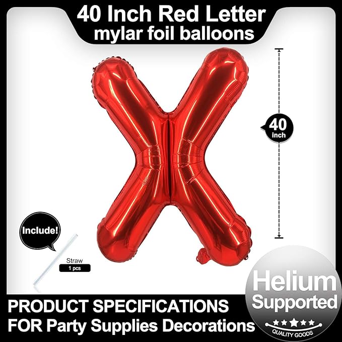 40 Inch Red Letter X Balloons, DIY Phrase Foil Alphabet Letter X Balloons DIY Word X Banner for Birthday Anniversary Celebration Graduation Party Supplies Decoration