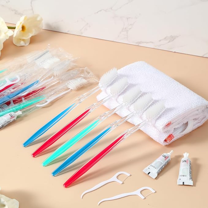 Maxcheck 100 Sets Disposable Toothbrushes Bulk with Toothpaste and Dental Floss Individually Wrapped Travel Toothbrush Set Homeless Supplies for Hotel Guest