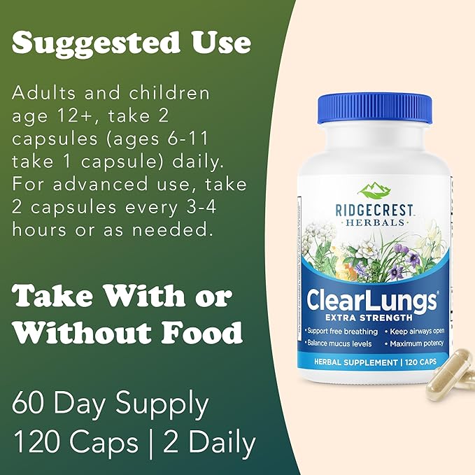 RidgeCrest Herbals ClearLungs Extra Strength, Natural Lung, Nasal Health Formula, Bronchial, Respiratory, Sinus, Mucus Support (120 Caps, 60 Serv)