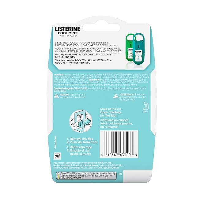 Listerine PocketPaks Cool Mint Breath Strips, Portable Pocket-Sized Oral Care Mouth Freshener, Dissolving Strips Kill 99% of Bad Breath Germs, Sugar Free, 3 x 24-Strip Packs