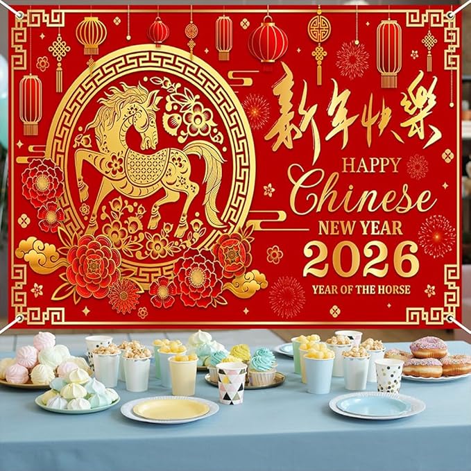 Mocsicka Chinese New Year Backdrop 2026 Lunar Horse Year Photography Background for Chinese Spring Festival Family Party Supplies (7x5ft)