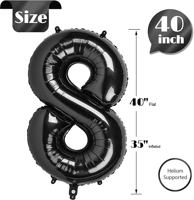 Black Number 8 Balloon 40 Inch, 8 Balloon Number, 8th Birthday Decorations, Black Party Supplies for Boys Girls