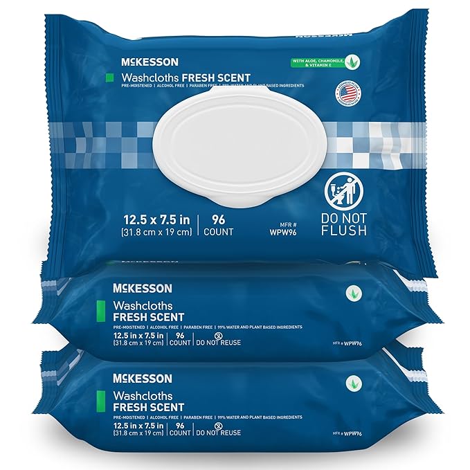 McKesson Washcloth Wipes for Adults, Scented (3 Pack, 288 Washcloths) Disposable Wash Cloths for Body - No-Rinse Formula with Snap Lid - Good for Incontinence and Elderly - 96 Wipes Per Pack