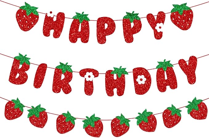Strawberry Themed Birthday Banner Sign - Girl Birthday Party Decoration Supplies