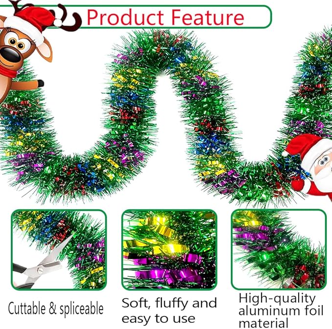 33Ft Green Tinsel Twist Garland Shiny Thick Metallic Foil Xmas Tree Decorations for Christmas New Year Parties St Patricks Day Parade Floats and Other Holidays Party Hanging Decor-(Colours+Green)