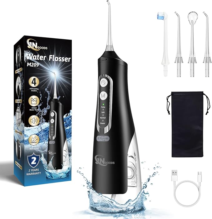 Cordless Water Dental Flosser Oral irrigator,JNGOODS 310ml Rechargeable Water flosser for Teeth IPX7 Waterproof 4 Modes Portable Irrigate with 4 Jet Tips,Travel Home use (Black)