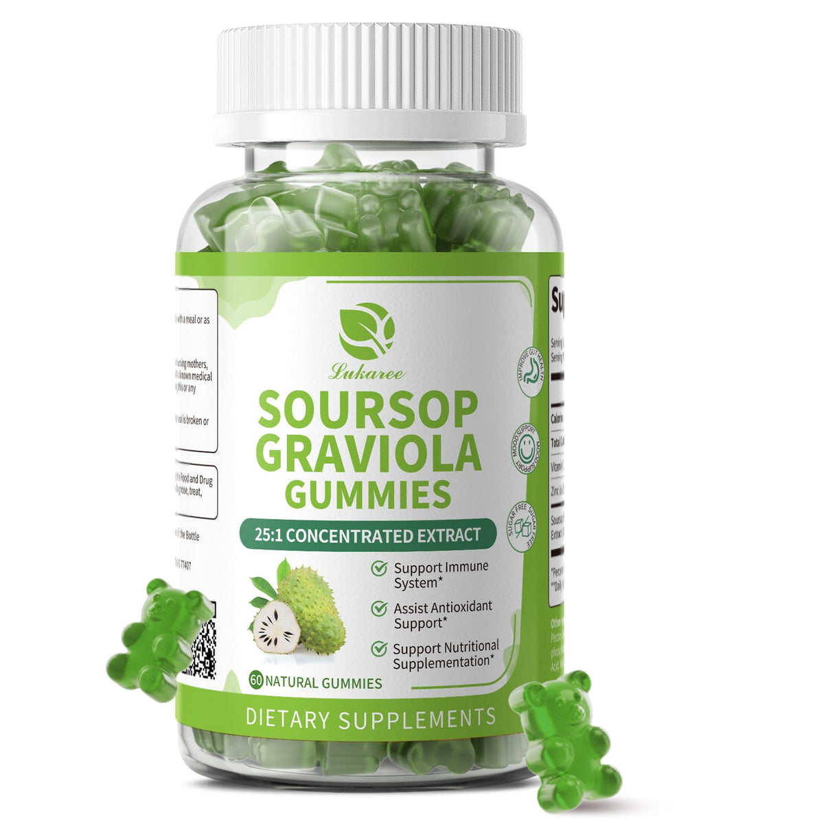 (2 Pack) Soursop Graviola Gummies - Concentrated Soursop Leaves Extract w/Vitamin C, Zinc & Whole Natural Food for Immunity, Liver, Calming & Antioxidant, Sugar Free, Gluten Free, Vegan, 60 Gummies