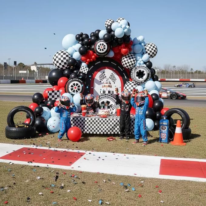Race Car Balloon Arch Kit - 168Pcs Different Size Balloons Tire Flags Checkered Black Red Blue Balloon Garland Kit for Racing Car Two Fast 2nd Theme Boy Birthday Anniversary Party Decorations