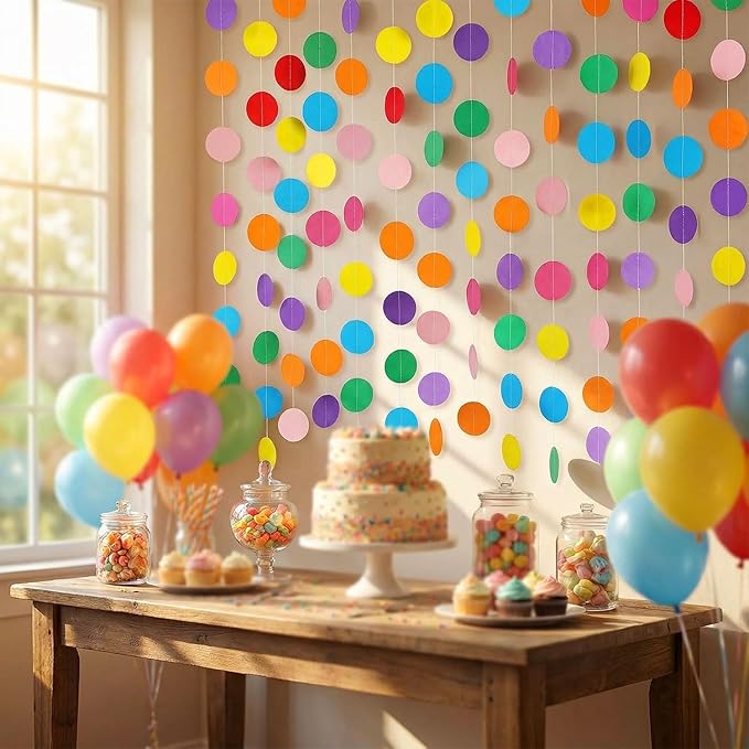 5 Pack Colorful Dots Garland Banner, 65.5 ft Paper Circle Hanging Streamers Rainbow Round Dot Bunting Backdrop for Birthday Classroom Homecoming Wedding Holiday Party Decorations