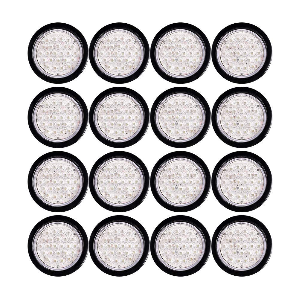 16pcs Clear Lens 4 Inch Round 24-LED WHITE Back Up Lamp Reverse Rear Parking Lamps Tail Lights w/Grommet Wiring Plug Compatible