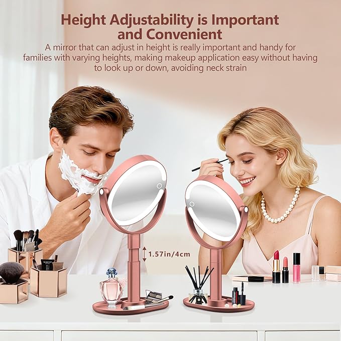 MIYADIVA Makeup Mirror with Lights, 30X Magnifying Mirror with Light and Touch Switch, Vanity Mirror with 3 Color Light and 80 LEDs, Height Adjustable Desk Mirror with Lights, Rose