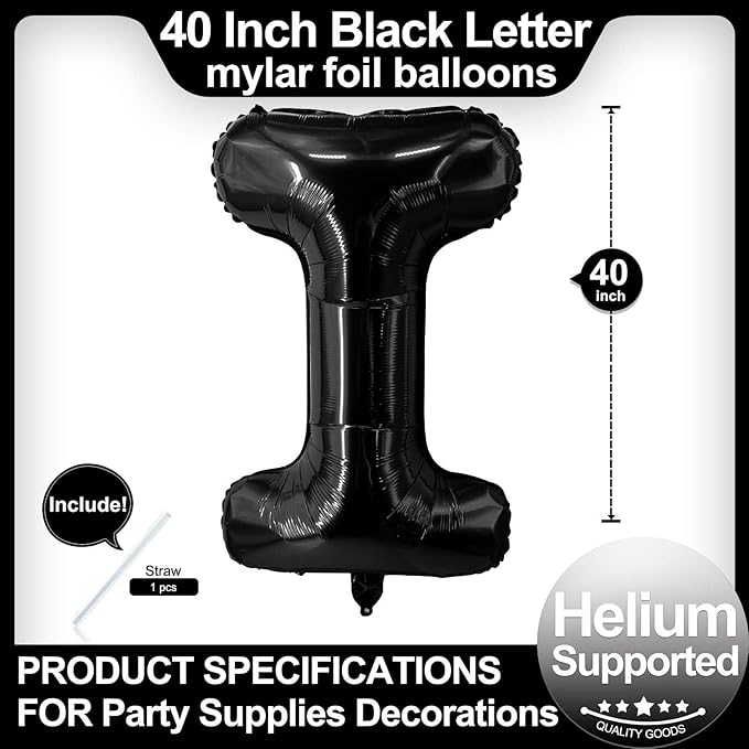 40 Inch Black Letter I Balloons, DIY Phrase Foil Alphabet Letter I Balloons DIY Word I Banner for Birthday Anniversary Celebration Graduation Party Supplies Decoration