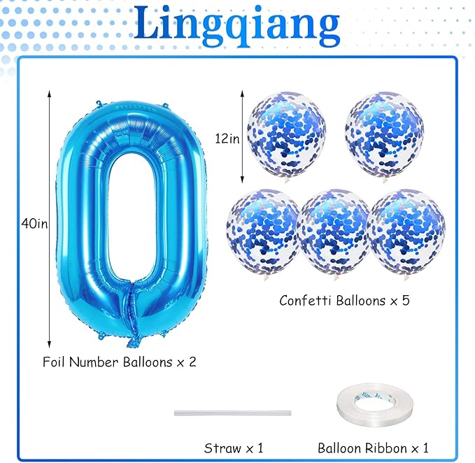 40 Inch Number 30 Foil Balloons, Large Blue 30th Birthday Digital Balloons with Blue Confetti Helium Balloons, Number 0 and 3 Helium Balloons Self Inflating for Men Women Anniversary Party Decorations