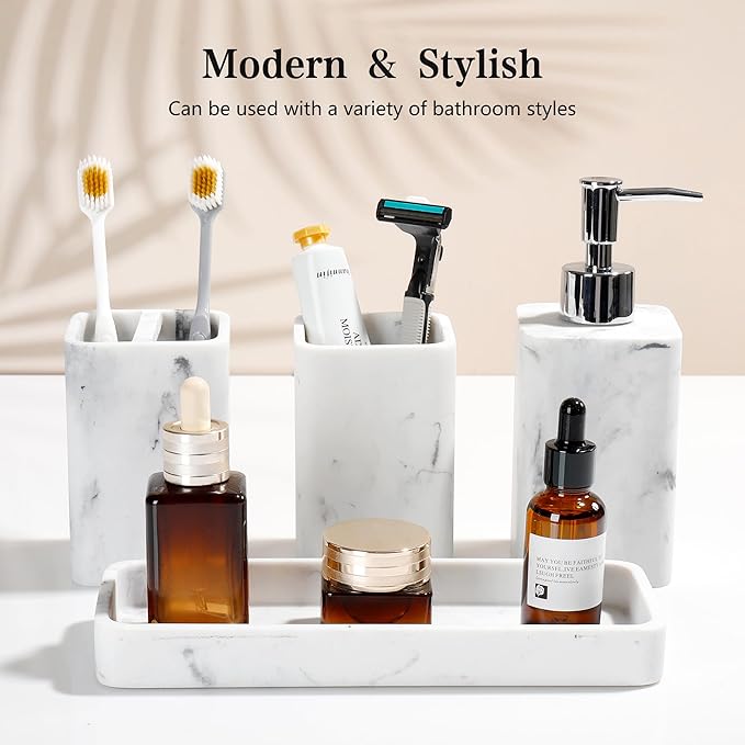 Bathroom Accessories Set, 4 Pcs Bathroom Accessory Set, Soap Dispenser, Toothbrush Holder, Qtip Holder Set, Bathroom Sets Complete, Bathroom Sink Set for Modern Home Decor, White