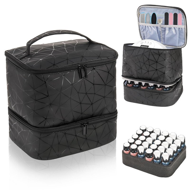 ZOOFOX Nail Polish Organizer Case, Double-Layer Nail Polish Carrying Bag with Handle, PU Leather Nail Organizers and Storage Bag for Manicure Accessories