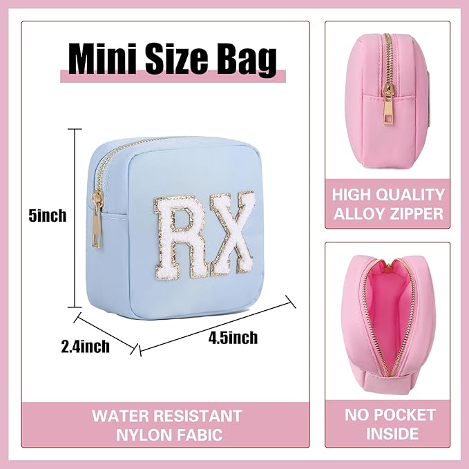 uekeboag Personalized Small Nylon Rx Cosmetic Bag, Cute Chenille Letter Patch Medicine Drug Pouch with Zipper,Preppy Makeup Travel Vitamin Bag for Women and Girls(Light Blue)