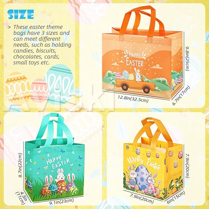 24PCS Happy Easter Egg Hunt Bags, Assorted Sizes Easter Bunny Carrot Chick Egg Gift Bags with Handles, Easter Treat Bags, Multifunctional Non-Woven Easter Bags for Gifts Wrapping, Egg Hunt Game,