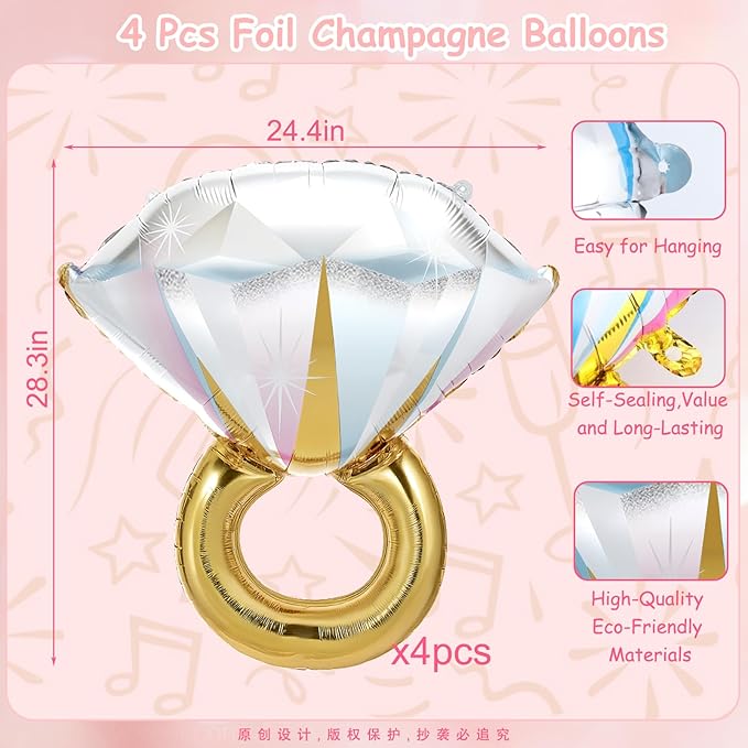 4 Pcs Diamond Ring Balloon, Huge Glitter Aluminum Foil Ring Balloons for Bridal Shower, Wedding, Anniversary, Bachelorette, Engagement Party Decorations Supplies
