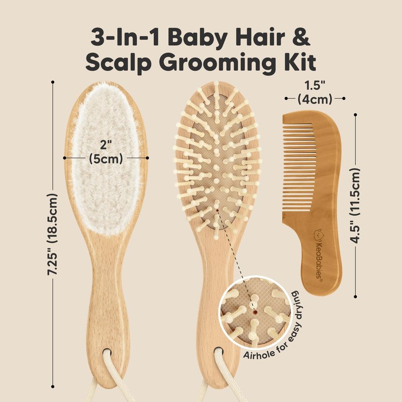 Wooden Baby Hair Brush Set for Newborns, Toddlers - Soft Goat Bristle Baby Brush and Comb Set Newborn Grooming Kit for Cradle Cap Care, Durable & Gentle, Boy, Girl Infant Essentials (Regular, Walnut)