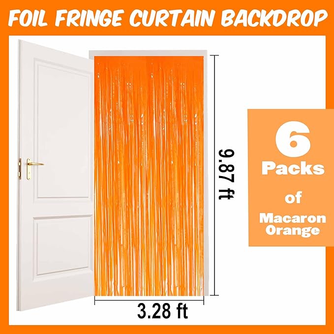 6 Pack Macaron Orange Foil Fringe Curtains Backdrop, 3.28 x 9.8 Ft Metallic Streamers Tinsel Curtains Background for Photo Booth, Birthday, Halloween, Christmas, New Year Party Decorations