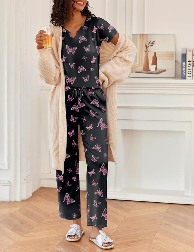 Ekouaer 2 Piece Womens Pajamas V Neck Short Sleeve Top and Long Pants Pjs Print Lounge Set Sleepwear