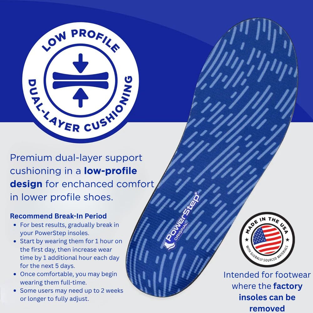 PowerStep Original Insoles, Arch Pain Relief Orthotics, Tight Shoes, Foot Support for Plantar Fasciitis, Mild Pronation, Foot & Arch Support Inserts, Shoe Inserts, Made in the USA (M 7-7.5, F 9-9.5)