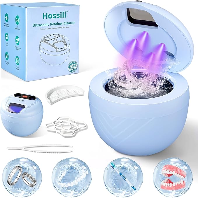 Ultrasonic Retainer Cleaner, 45kHz Retainer Cleaner Machine for Denture Cleaning Pod for Mouth Guards|Aligners|Braces|Toothbrush Heads|Jewelry, 200ML Dental Cleaning Pod with 4 Modes & Digital Timer