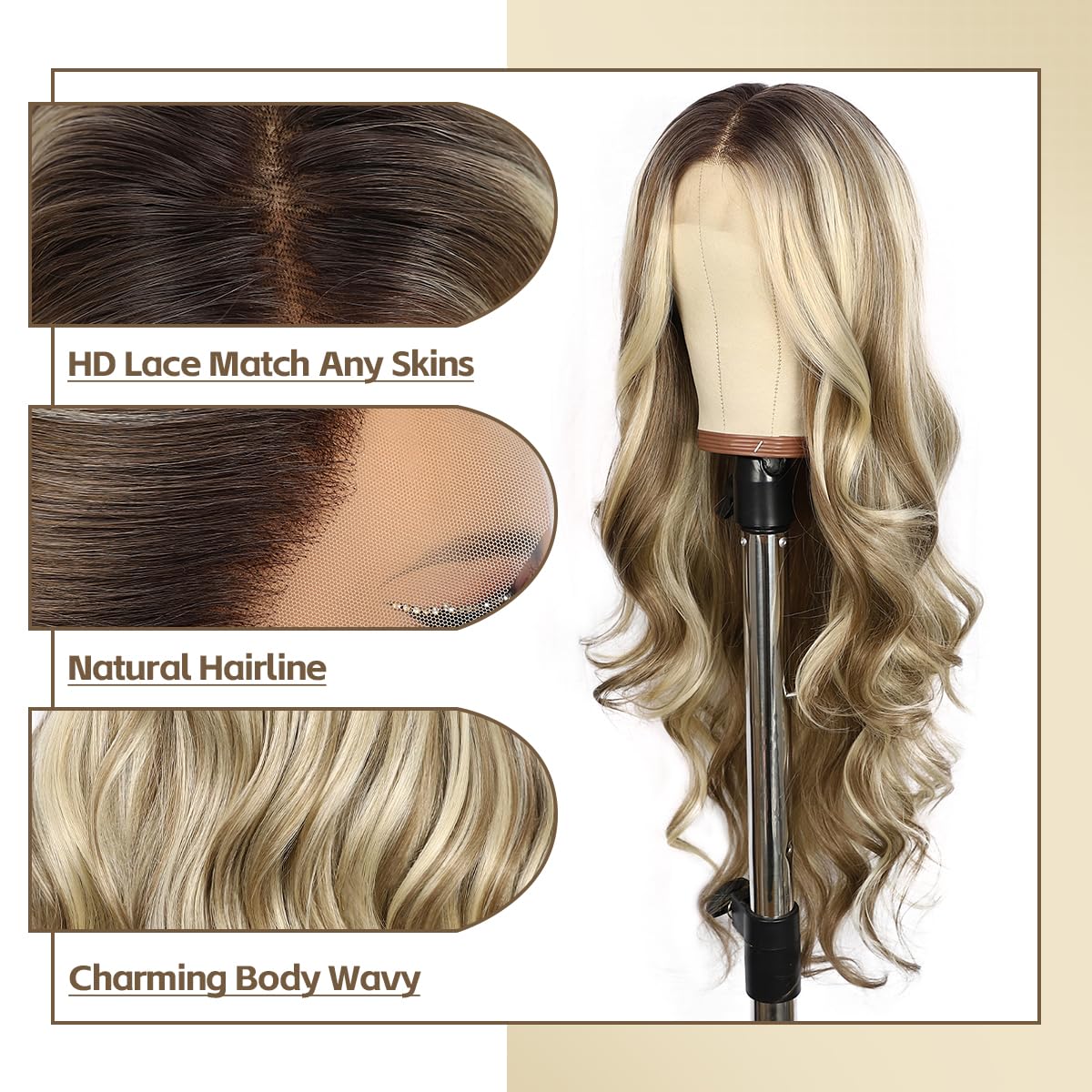 BABEHERS Blonde Lace Front Wig for Women 13x4 Body Wave Synthetic Wig Omber Pre-plucked Long Wavy 150% Density Natural Heat Resistant Hair Daily Use 26 Inch