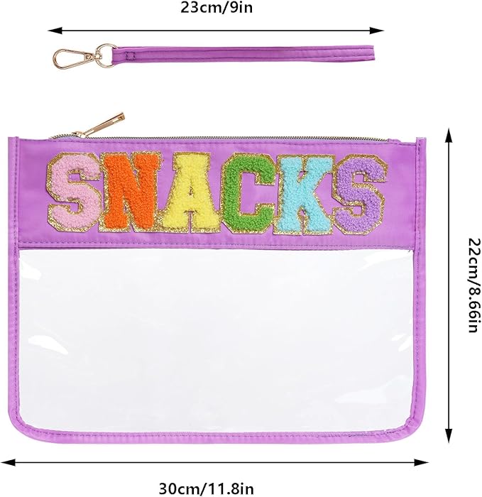 Chenille Letter Bag, Multi-purpose Nylon Clear Makeup Cosmetic Bags Flat Pouches with Zipper for Travel, Gym, Beach (Purple-Snacks)