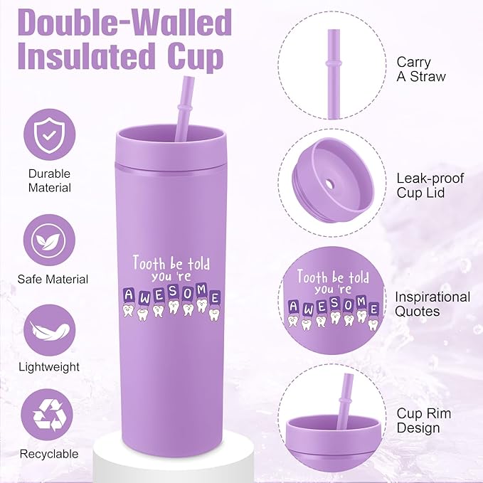 Skylety 3 Pcs Dental Hygiene Month Gifts Dental Assistant Hygienist Appreciation Gift 16oz Tumbler with Lid Cute Teeth Makeup Bag Stress Toy Employee Thank You Dentist Coworker Nurse Student(Purple)
