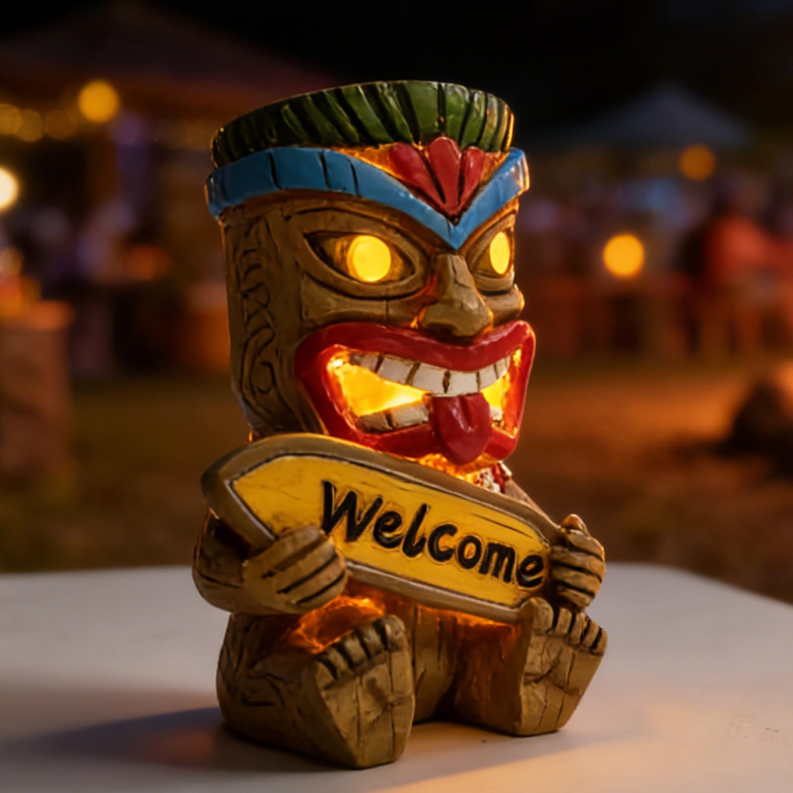 Suyorpe ﻿Miniature Tiki Garden Statue Solar Outdoor Decorations - Tiki Bar Welcome Sign Lights for Patio Yard Lawn Ornaments Gifts for Birthday Housewarming Summer 3.2''(W) x 3.4''(D) x 5.9''(H)