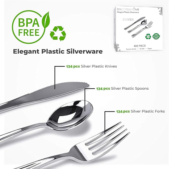 Silver Plastic Silverware Set (400-Pack) – Disposable Heavy Duty Cutlery, 134 Forks, 134 Knives, 134 Spoons for Parties, Weddings, Dinners & Holidays