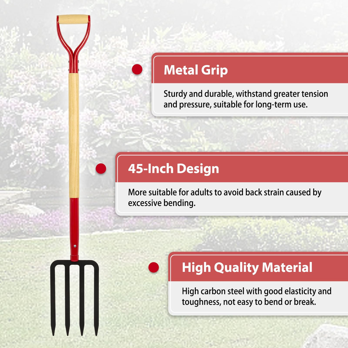 Dikuyeel Heavy Duty Garden Fork for Digging, 4 Tines Pitch Fork for Gardening Compost, Garden Pitch Fork with Wooden Handle, 45 Inches