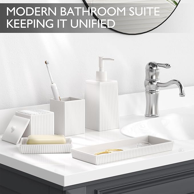 Bathroom Set - White Bathroom Accessories Set, 5PCS Ceramic Bathroom Accessory Set, Bathroom Sets with Soap Dispenser, Toothbrush Tumbler, Soap Dish, Q-tip Holder & Vanity Tray