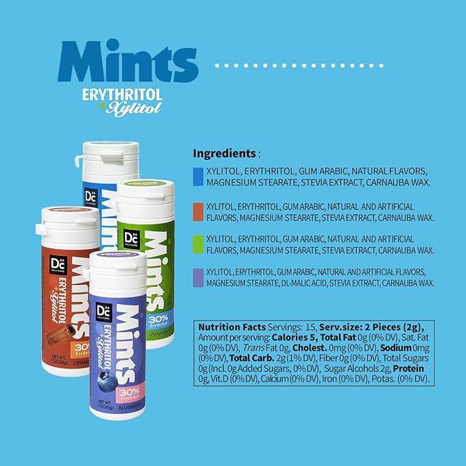 DC24 DAILY CARE Xylitol Mints | No Aspartame | Sugar Free | Low-Calorie with Erythritol | Breath Mints Dry Mouth Diabetic Friendly | Assorted Flavors 30 Pieces (Pack of 4)