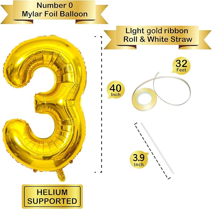 40 Inch Gold Number Balloons, Helium Mylar Foil Number Balloons for Birthday, Number 3 Balloon for 3st Birthday Decorations for Kids, Anniversary Party Decorations Supplies