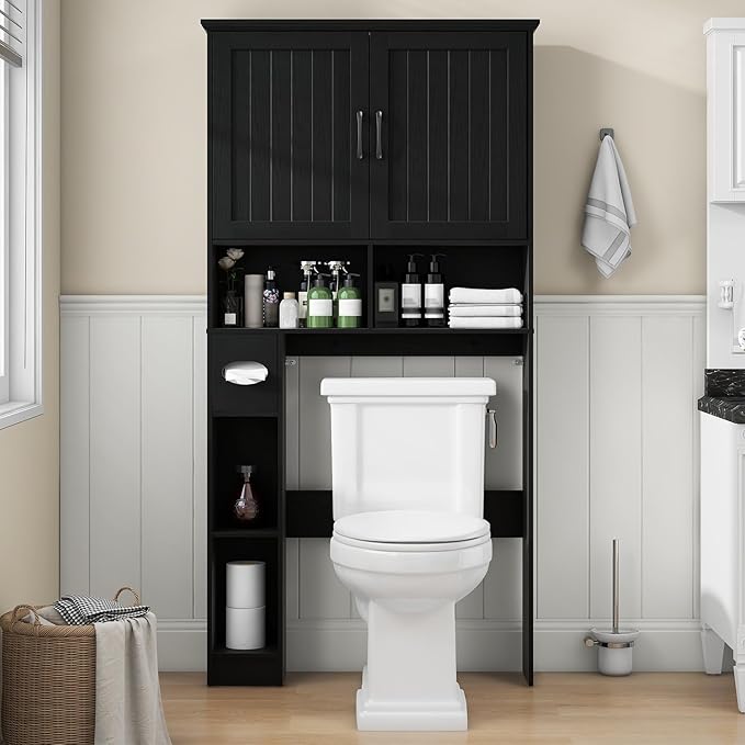 Over The Toilet Storage Cabinet, Farmhouse Storage Cabinet Over Toilet with Barn Door& Toilet Paper Holder Stand，Home Space-Saving Toilet Rack, for Bathroom, Restroom, Laundry.Pure Black