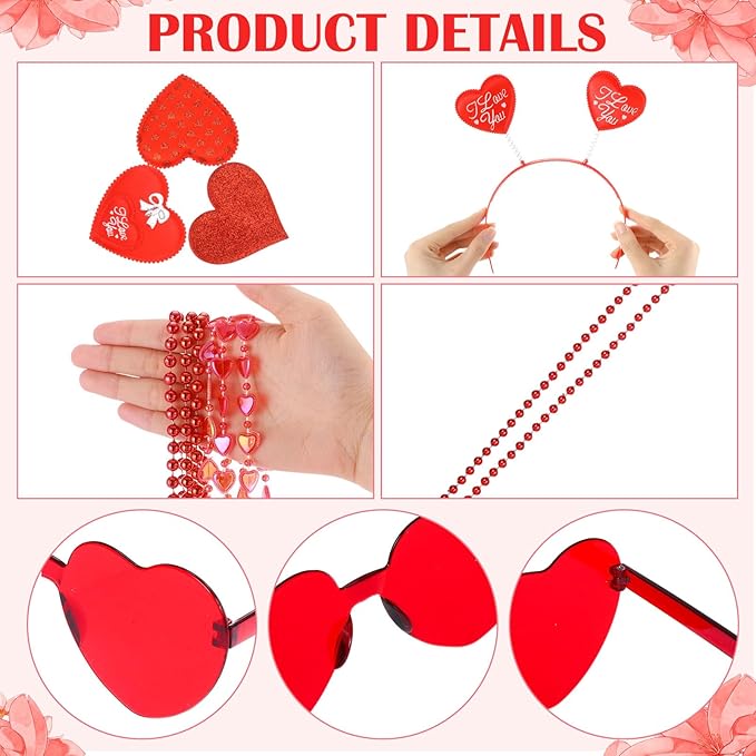 Kanayu 36 Pcs Valentine's Day Accessories Set Include 12 Heart Headbands 12 Glasses and 12 Heart Beaded Necklace for Valentine Props Party Costume Supplies Accessory(Red)