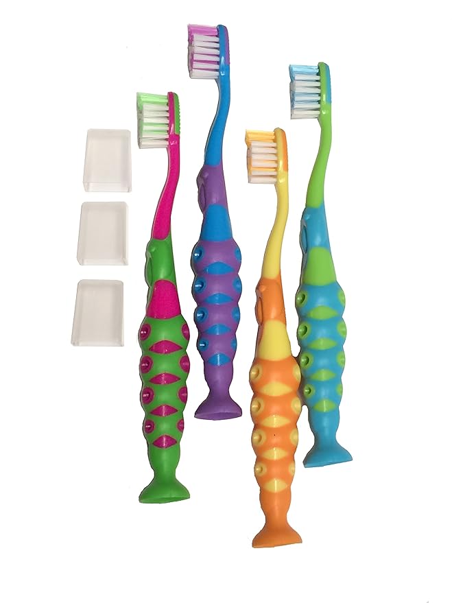 Secret for Longevity 4 Pack BPA Free Extra Soft Kids Childrens Toddler Child Toothbrush Set Easy Grip (3-8 Year Old)