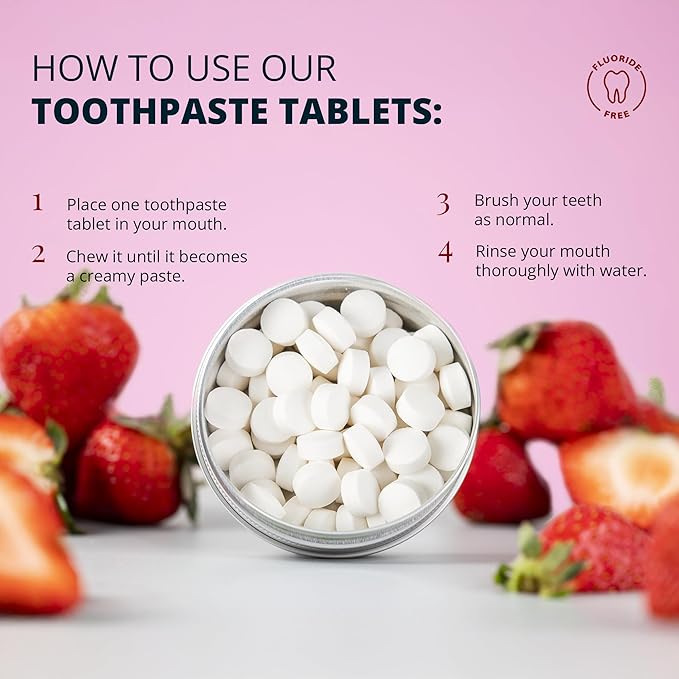 J&L Naturals Toothpaste Tablets | 62-Pack Travel-Friendly Toothpaste | Fluoride + Plastic Free, Vegan, Cruelty Free, Sustainable | Woman-Owned Small Business (Strawberry, 62 Count (Pack of 4))