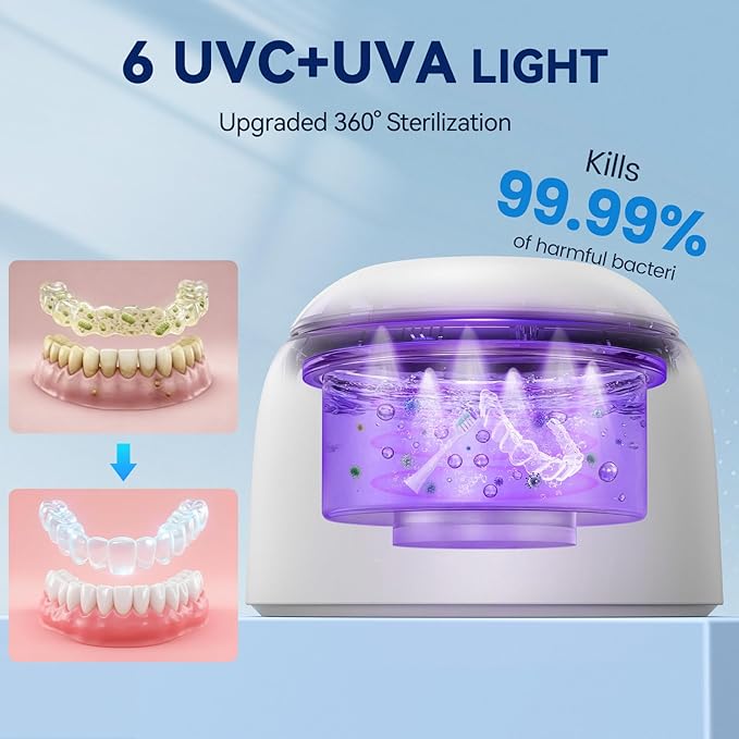 Ultrasonic Retainer Cleaner - 45±3kHz, 3 Modes with Digital Timer, 6 UVC+UVA Lamp,Denture Cleaner Machine, Mouth Guard, IPX6,200ML SUS304 Tank for Aligner, Night Guard Toothbrush (White)