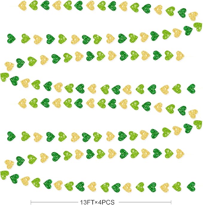 Gold and Green Heart Party Decorations Glitter Paper Love Heart Hanging Banner Streamer Garland for Birthday Wedding Valentines Day Spring Master Golf St Patrick's Day Christmas Holiday Party Supplies