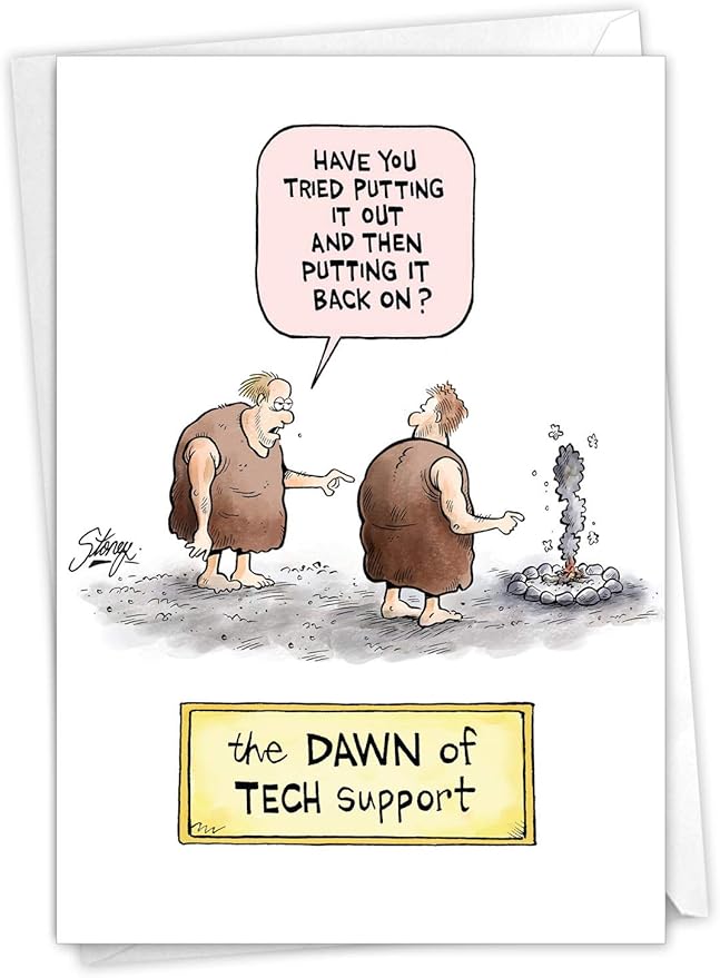 NobleWorks - 1 Funny Birthday Card Cartoons - Hilarious Comic Humor, Notecard with Envelope - Dawn of Tech Support C4038BDG