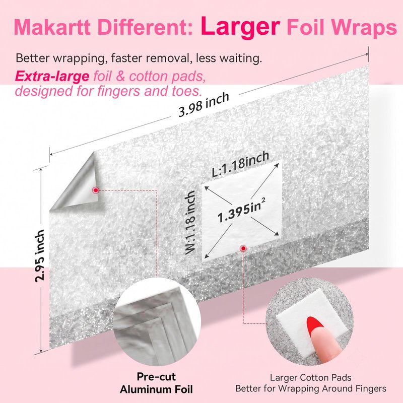Makartt Nail Foil Wraps, 100PCS Soak Off Foils with Pre-Attached Larger Lint-Free Cotton Pads for Removing Gel Polish, Acrylic, Dip Powder, Builder Gel & Nail Glue