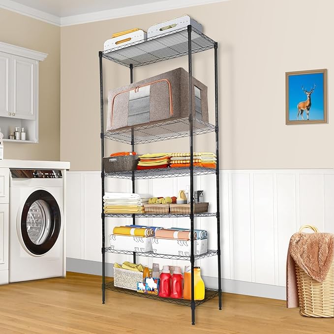 Whitmor 6 Tier Storage Shelves, Heavy Duty with Wheels, 400 lbs Capacity per Shelf, Max 2400 lbs Total, Adjustable Storage Units for Garage, Laundry, Plant, 30" L x 14" W x 70" H, Black