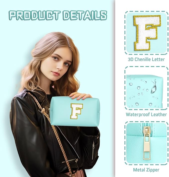 TOPEAST Initial Cosmetic Bag, PU Leather Waterproof Travel Toiletry Bag, Monogrammed Gifts for Women, Personalized Birthday Gift for Sister Friends, Cute Stuff for Girls (Blue K)